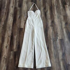 Retrofete Cream Jumpsuit Halter Padded Cups Size Medium Wide Leg